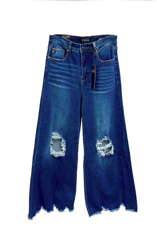 Mid Wash Crop Flare Distressed Jeans