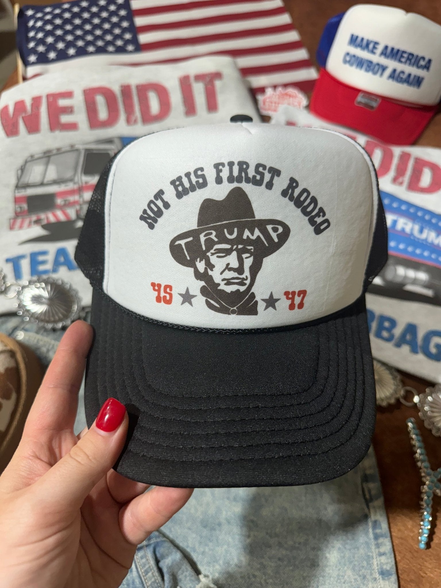 Not His First Rodeo Trump Trucker HatBlack & White