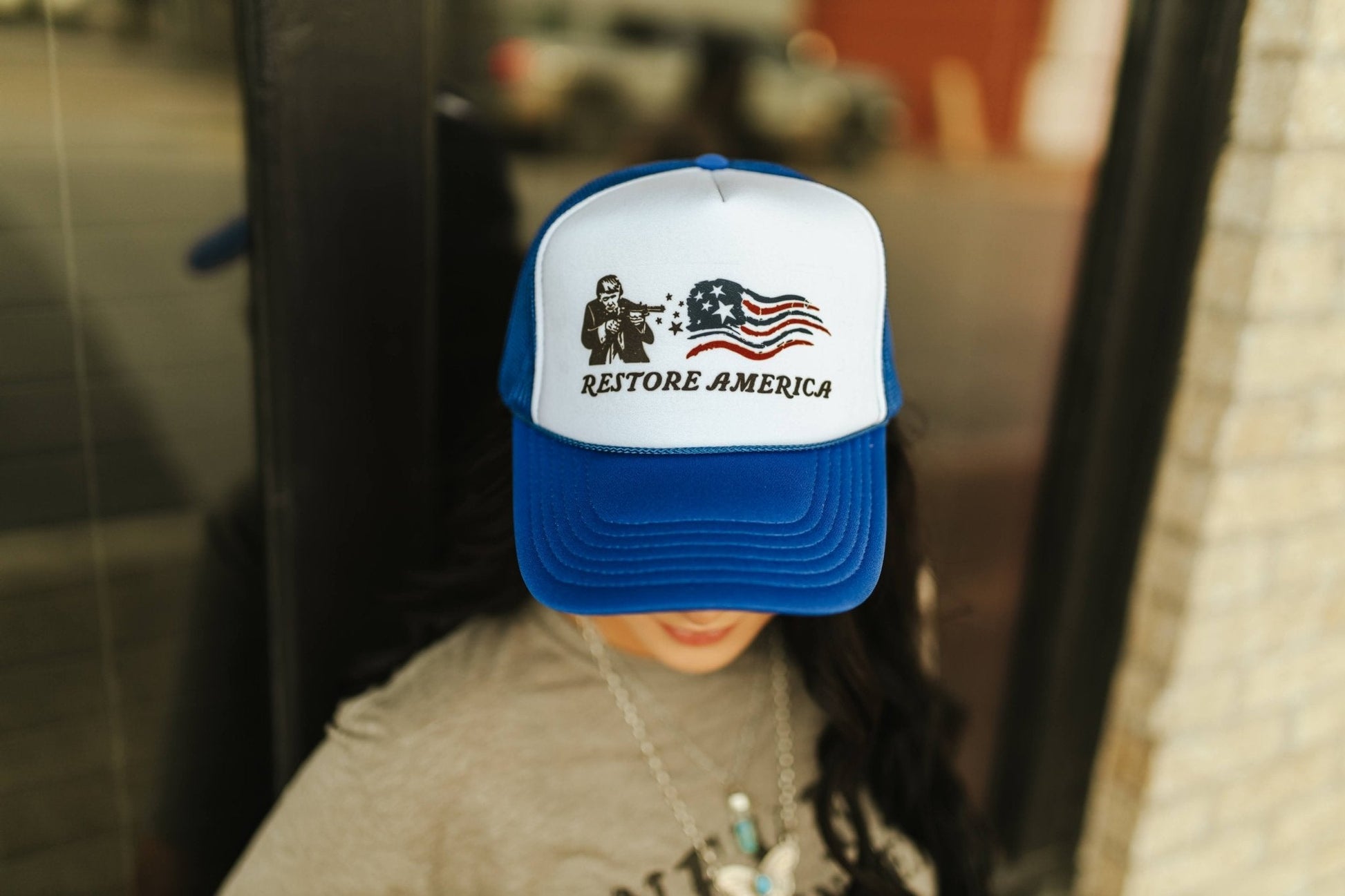 Restore America Trump 2024 Trucker HatRed & WhiteOS