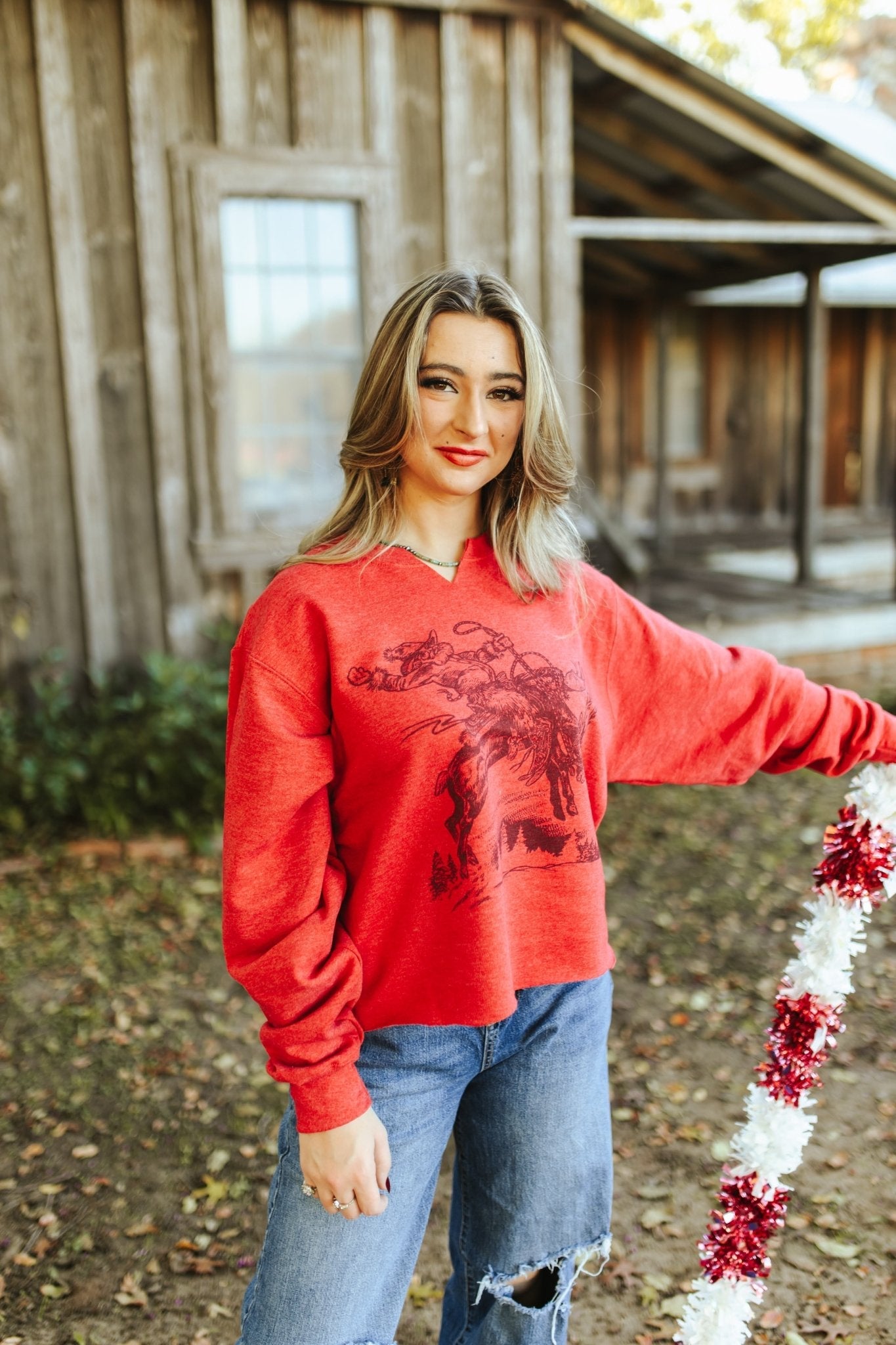 Santa Riding Rudolph V-Neck Crop Graphic Sweatshirt