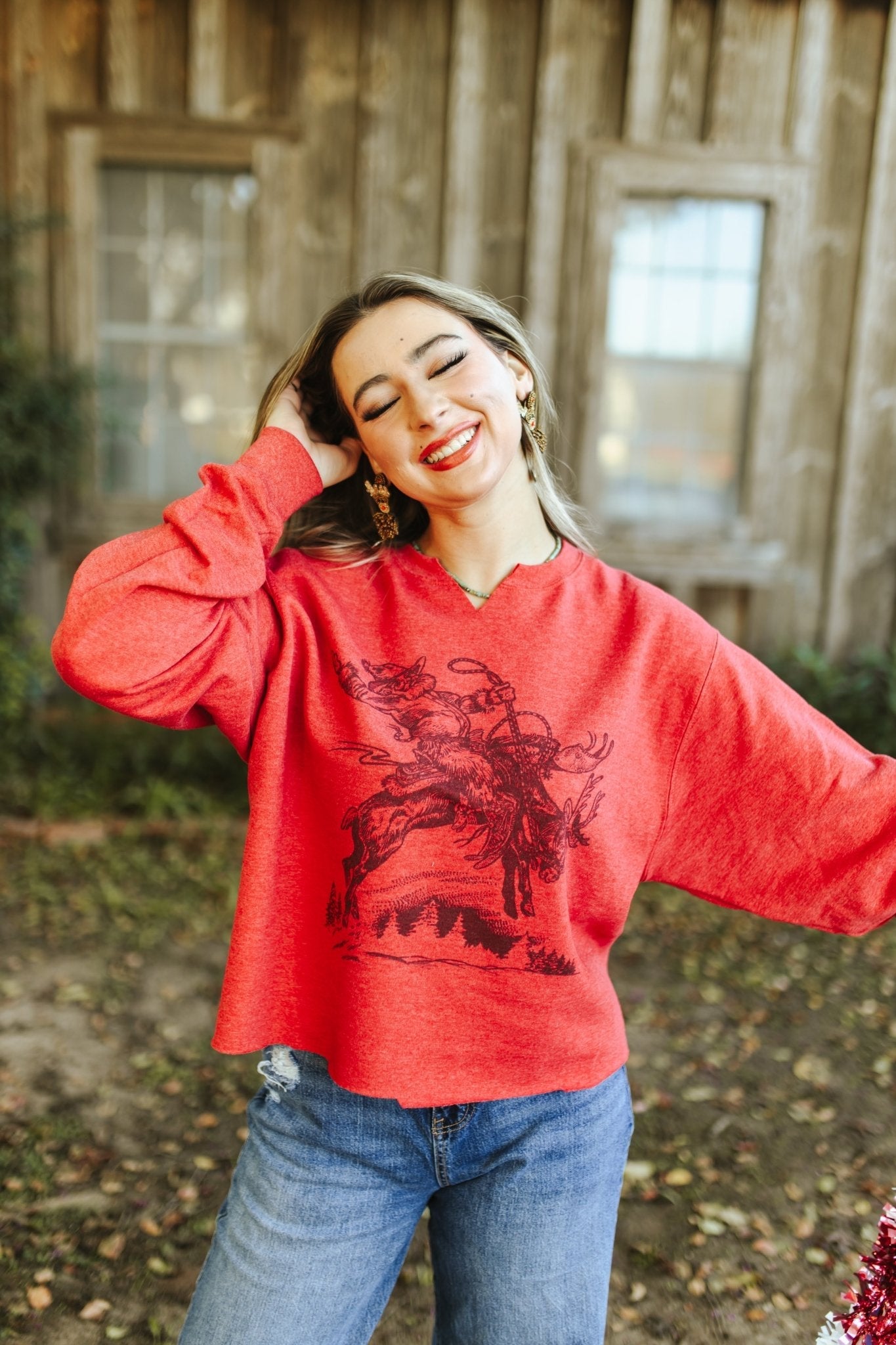 Santa Riding Rudolph V-Neck Crop Graphic Sweatshirt