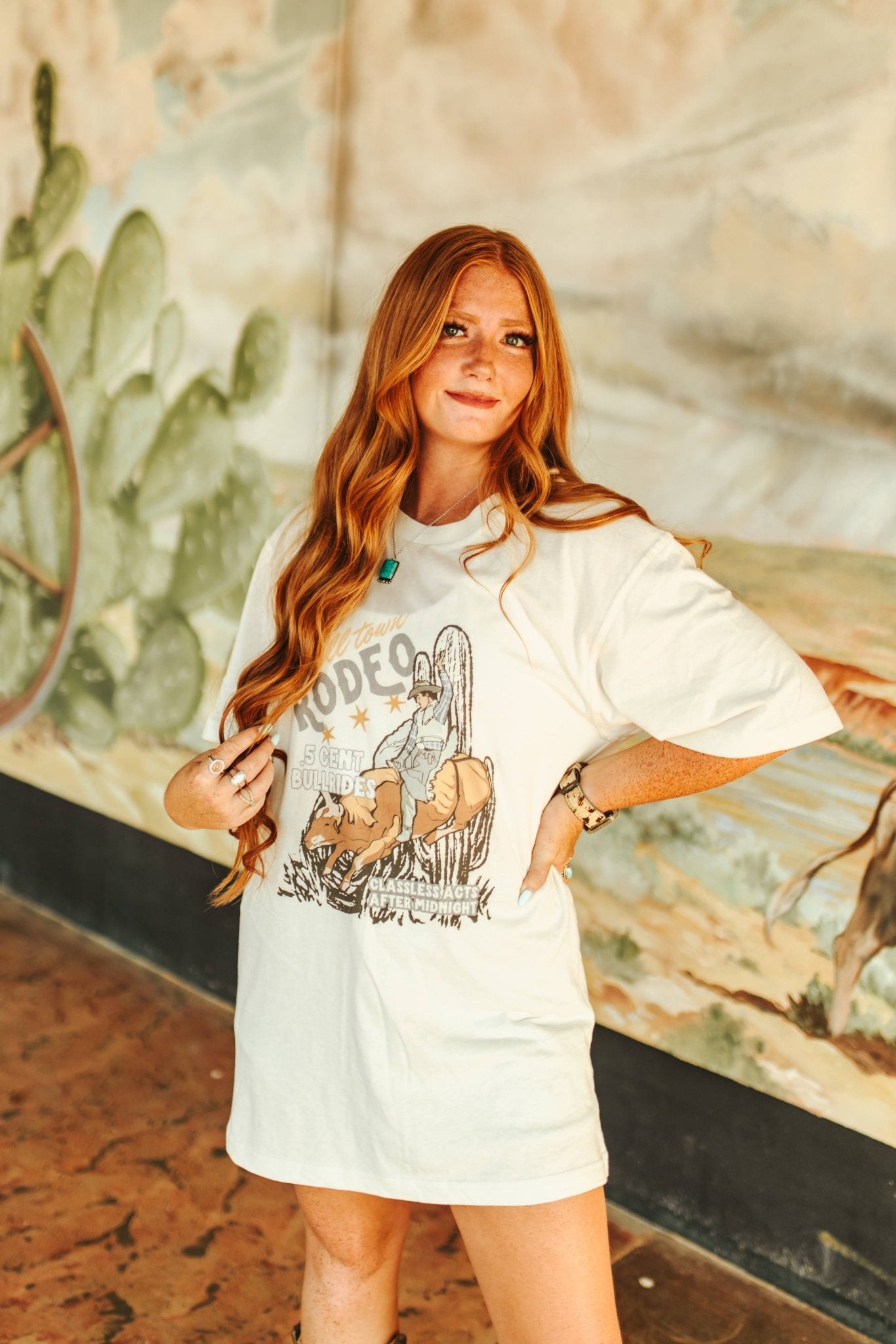 Small Town Rodeo Oversized Graphic T - shirt DressNaturalS