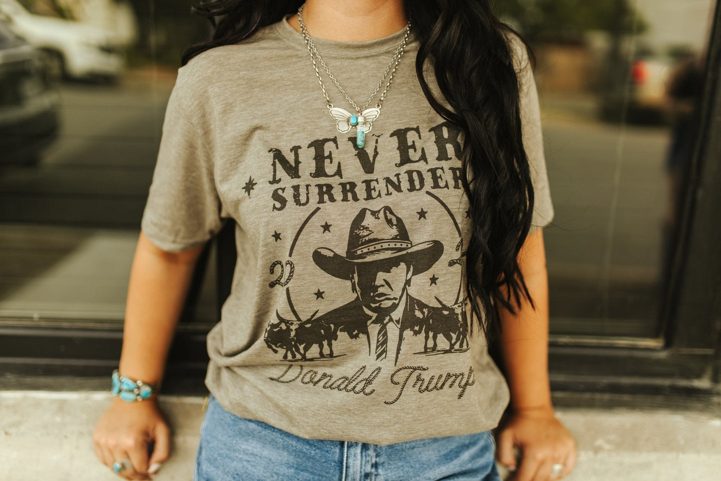 Trump Never Surrender Western Graphic TeeOlive AshS