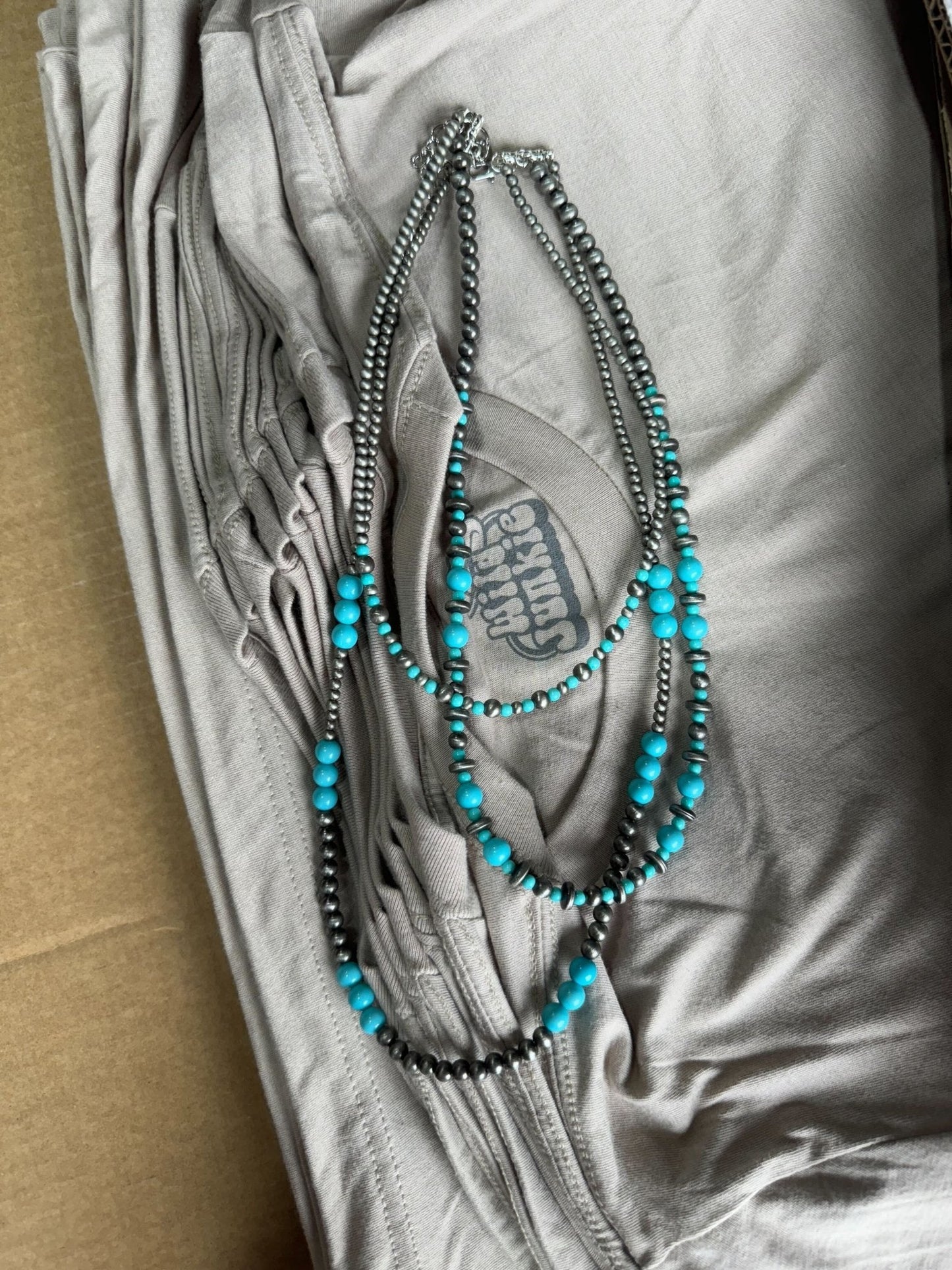 Turquoise and Silver Pearl Layered NecklaceTurquoiseOS