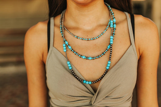 Turquoise and Silver Pearl Layered NecklaceTurquoiseOS